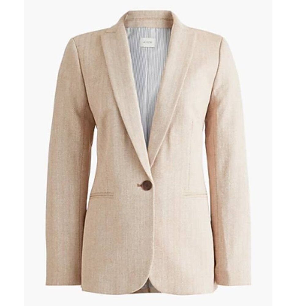 J Crew Herringbone One Button Blazer Cotton Linen Classic Beige Elegant Coat